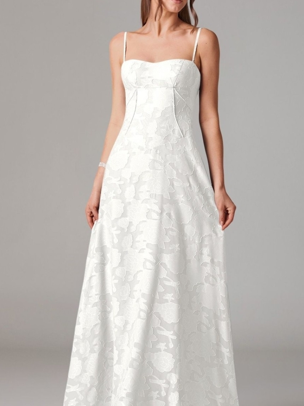 Azazie Valentine White Floral Jacquard Spaghetti Strap A-Line Gown Size 16 Nwt